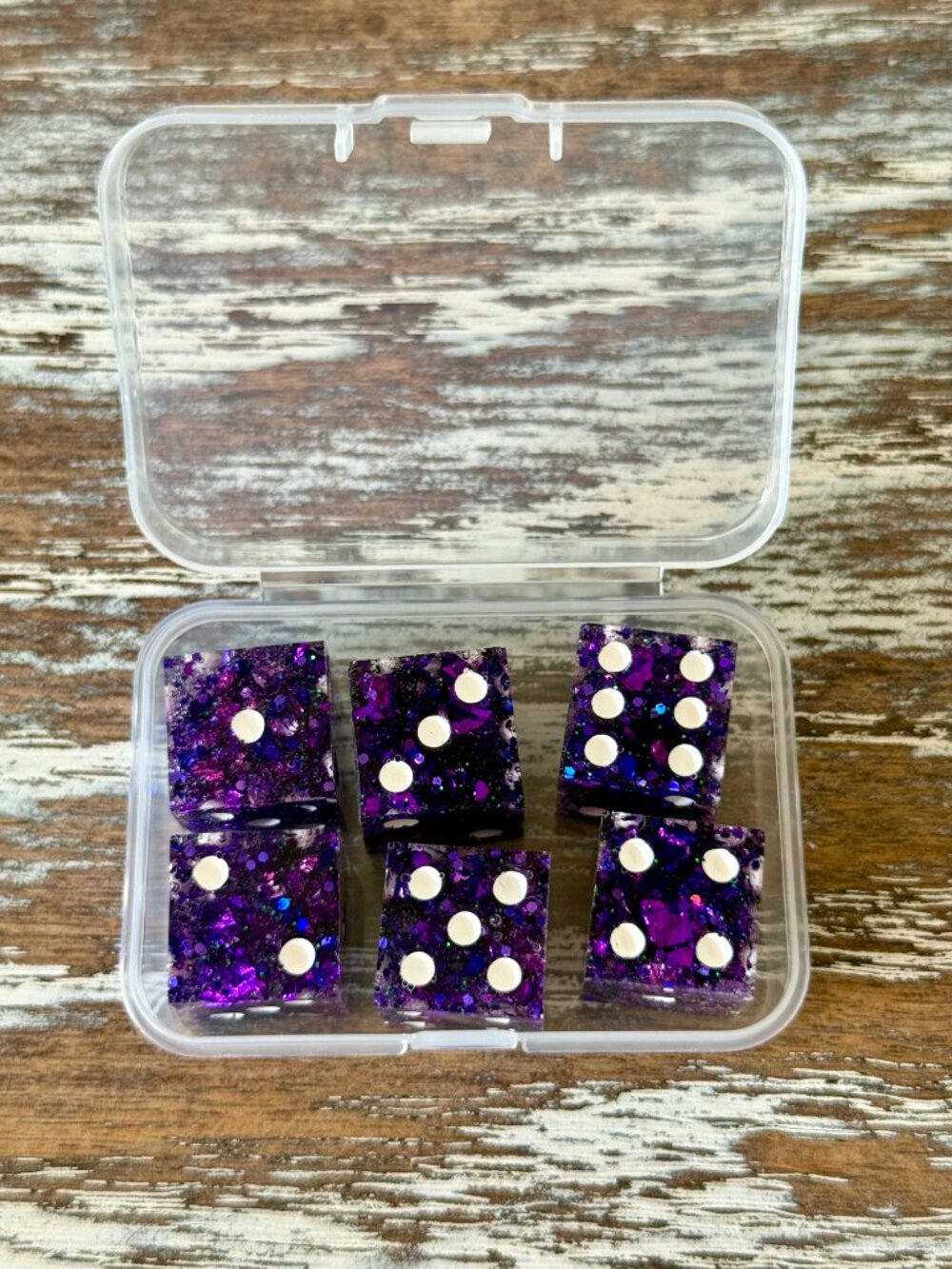Resin Dice Set 6pcs - Violet Galaxy Glitter - Handmade Replacement Dice Games - Picture 3 of 7
